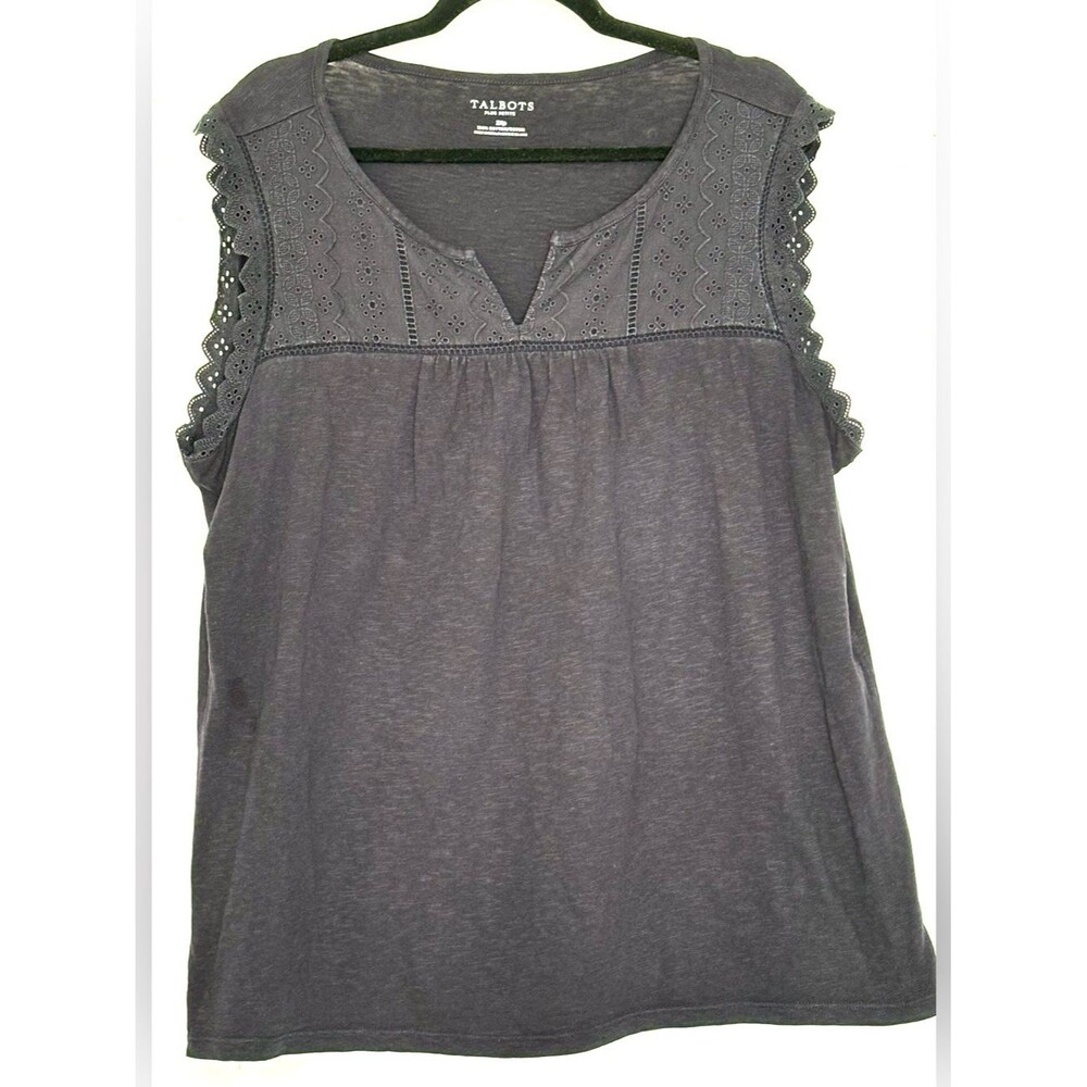 Talbots Eyelet Yoke Sleeveless Slub Knit Tank Top Navy Size 2XP 100% Cotton